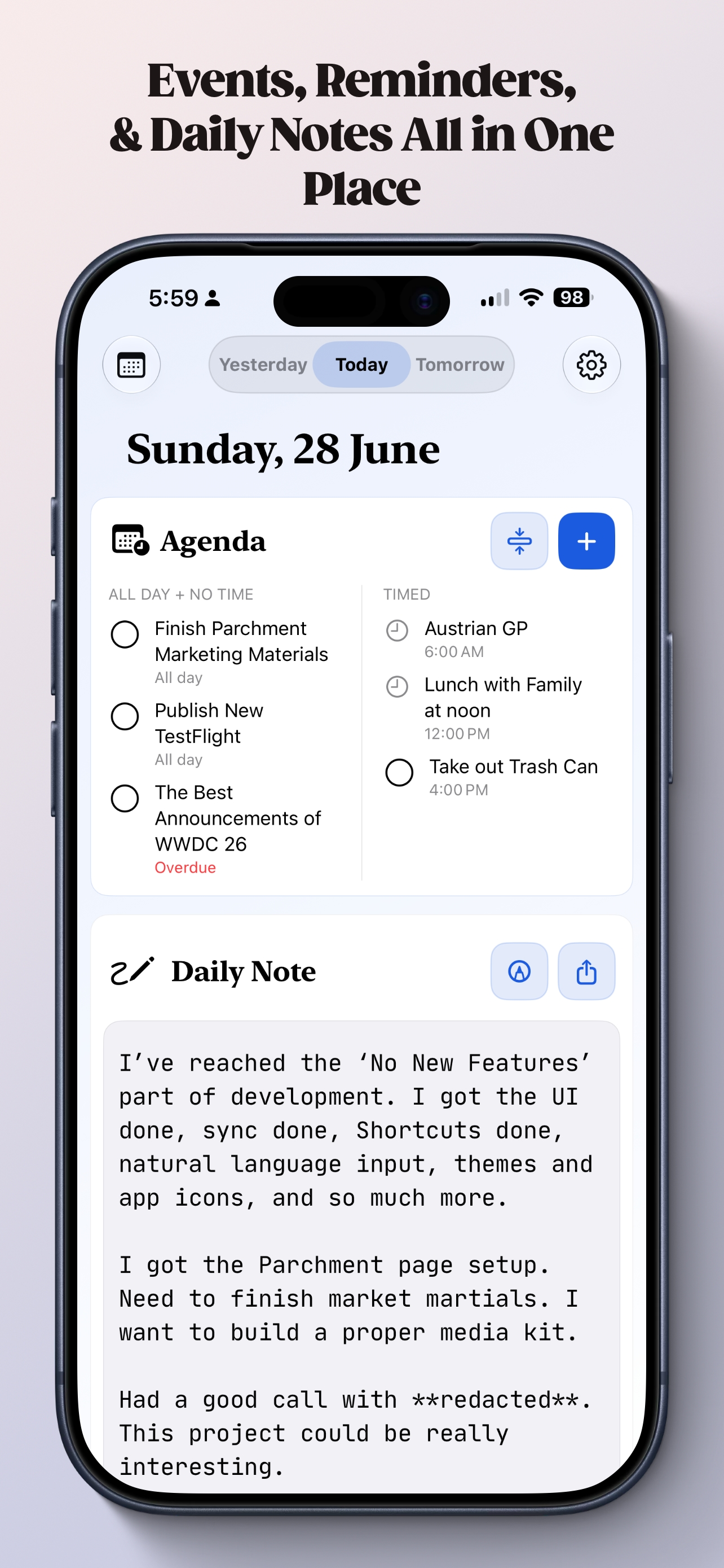 Parchment showing calendar events, reminders, and a daily note on iPhone