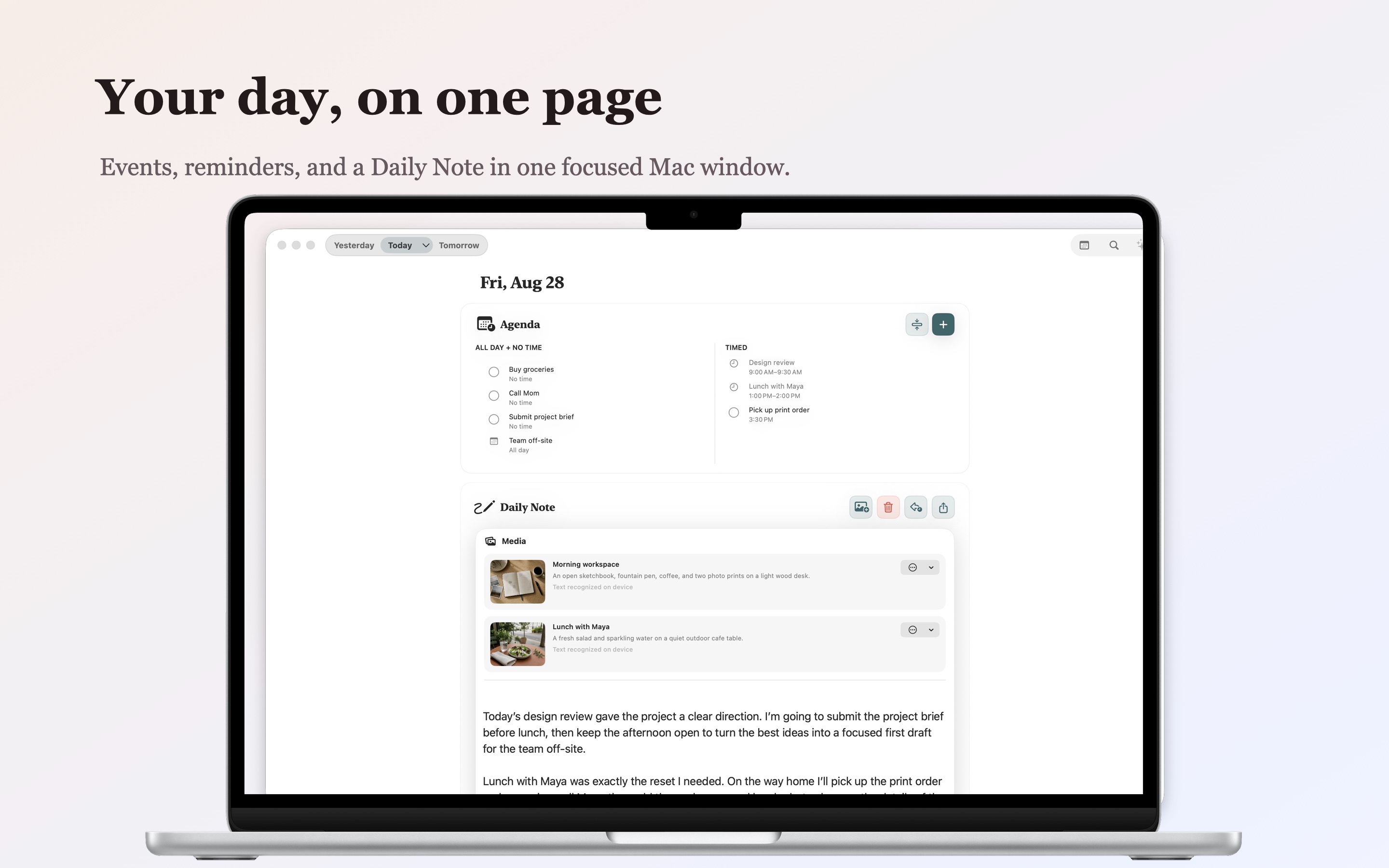 Parchment on Mac showing events, reminders, and a daily note with photos