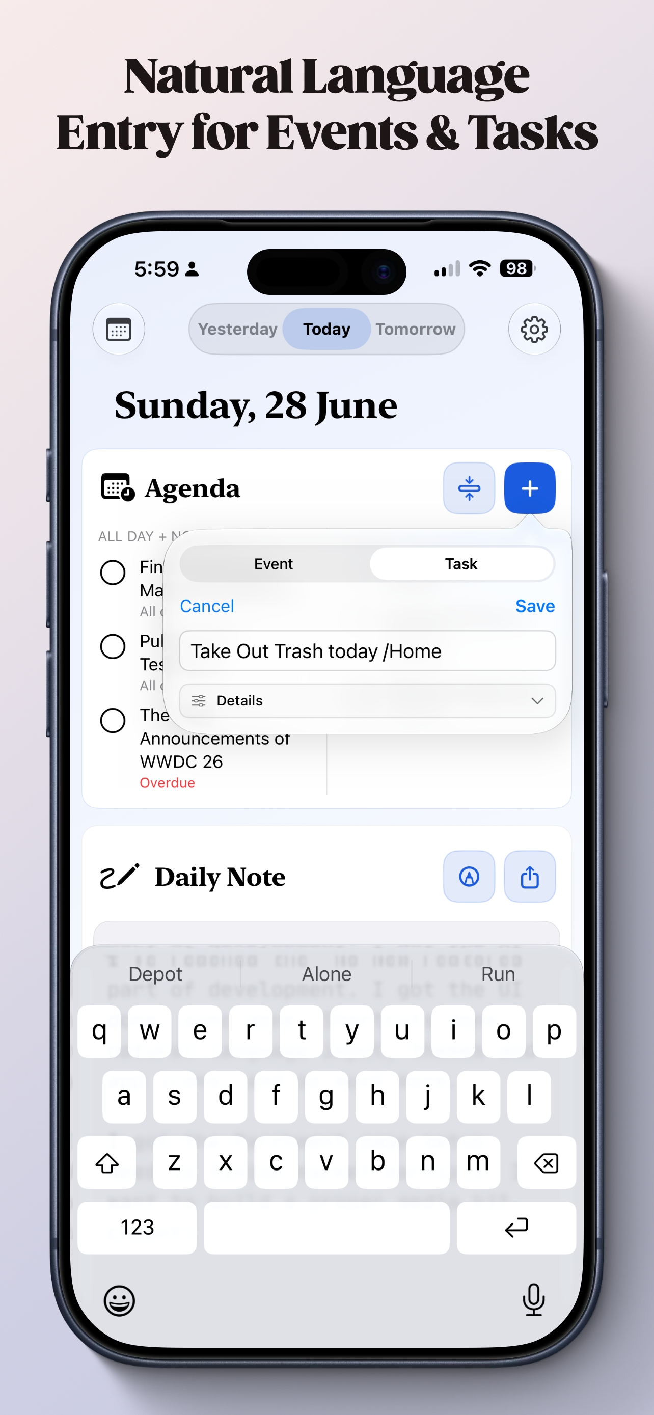 Creating a reminder in Parchment using natural language