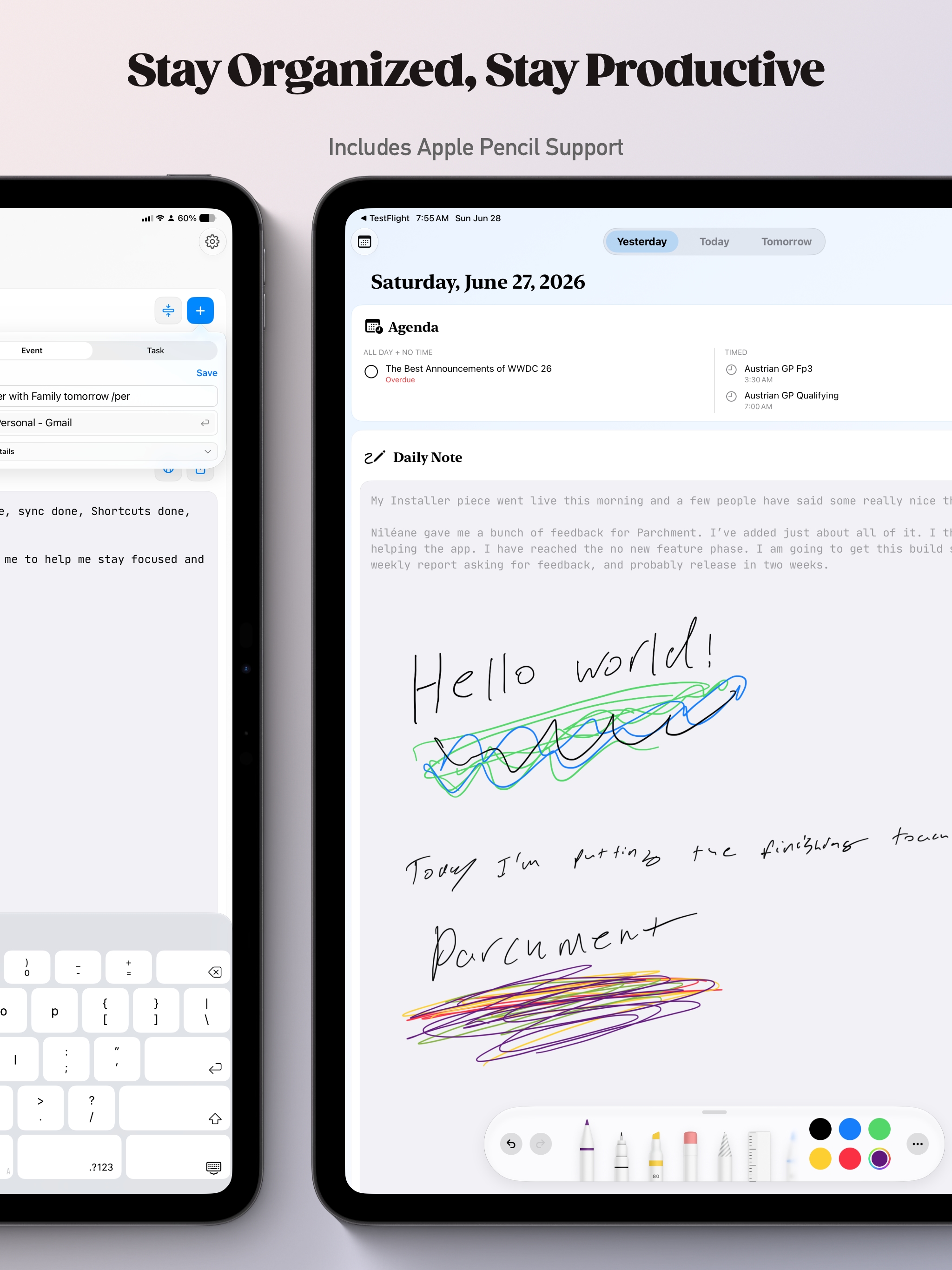 Parchment showing a handwritten daily note made with Apple Pencil on iPad