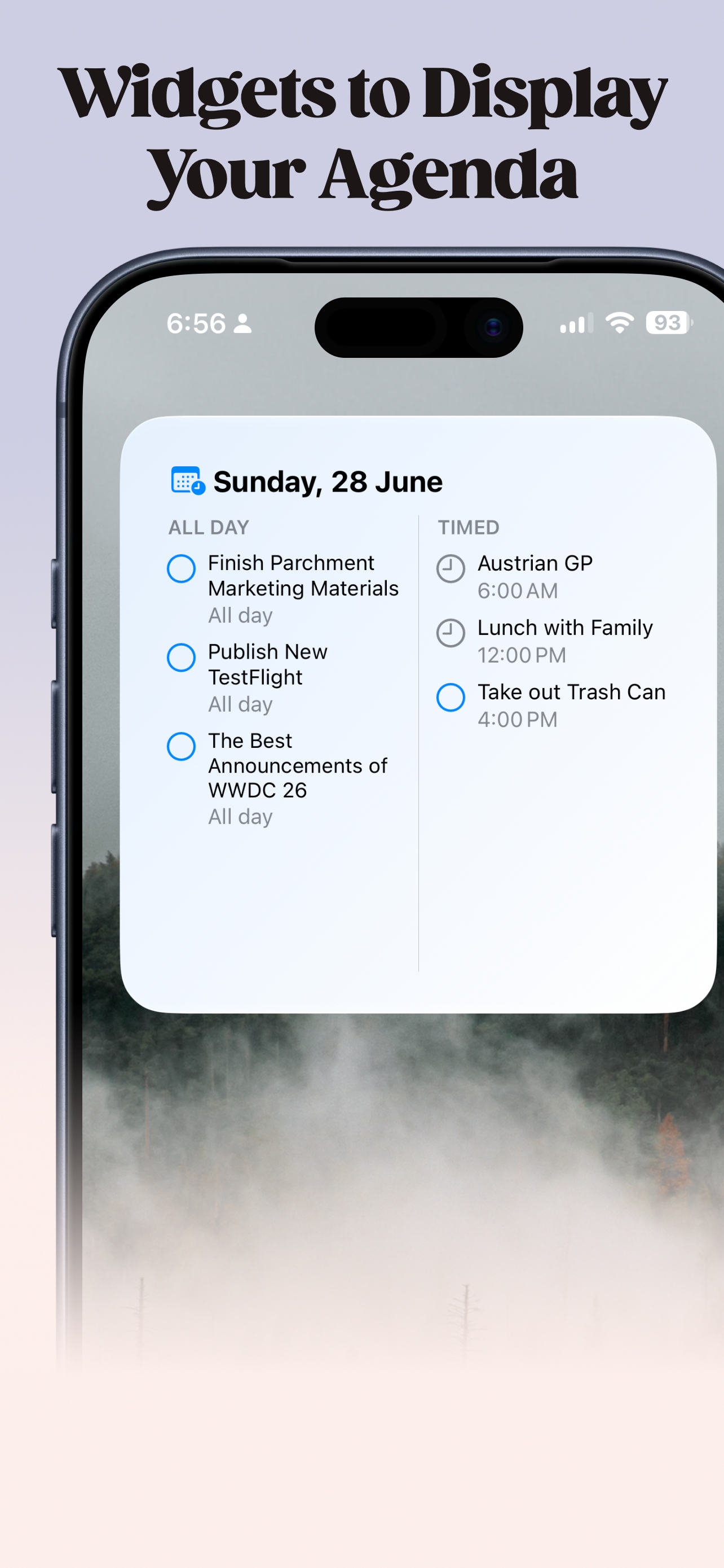 A Parchment agenda widget on an iPhone Home Screen